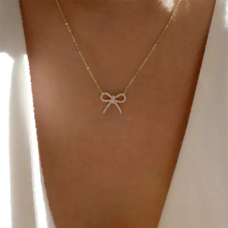 Fashion Rhinestone Bow Pendant Necklace For Women Exquisite Zircon Bowknot Choker Necklaces Office Party Jewelry Lady Gifts Vera Lux