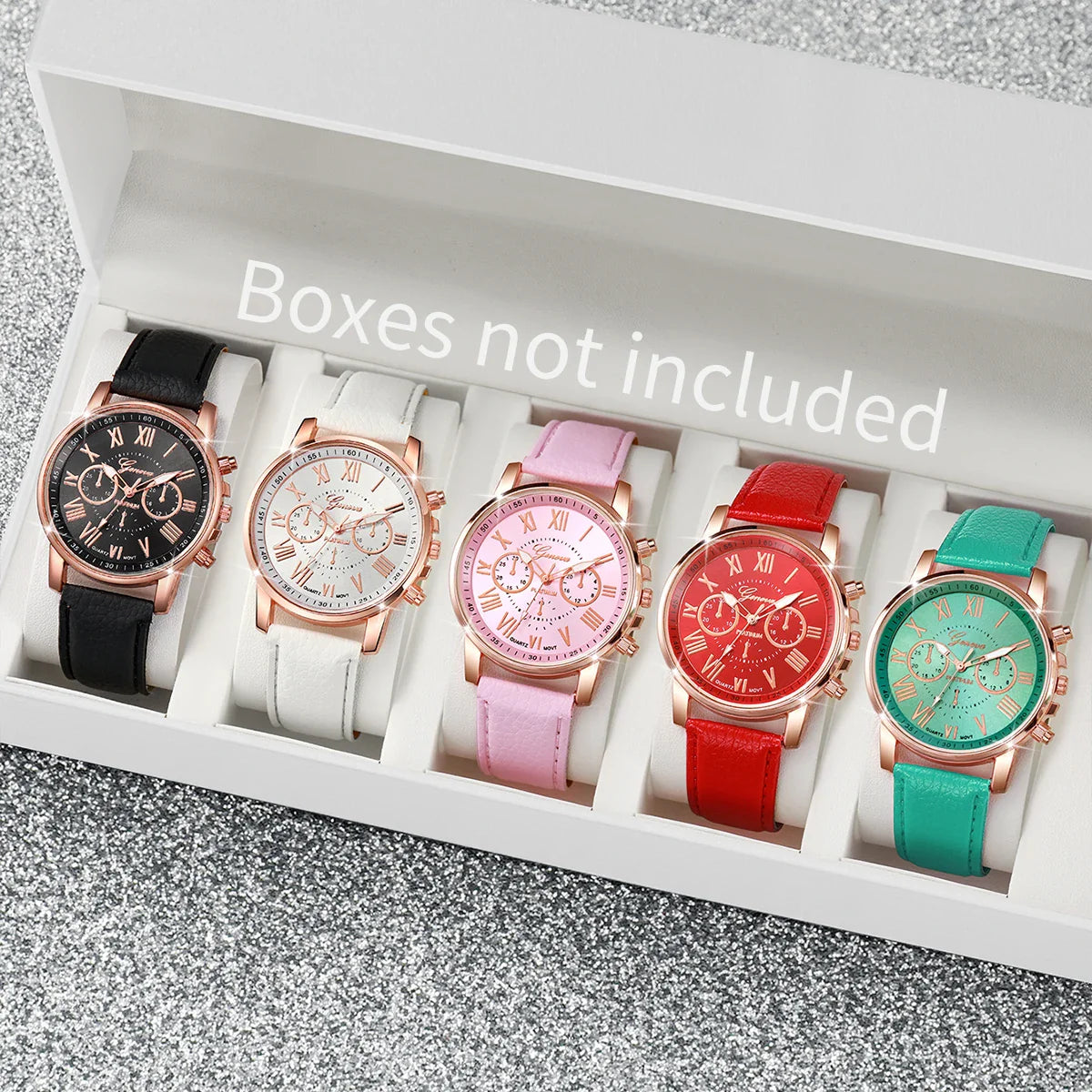 5PCS Women's Watches Fashion Roma Dial Leather Band Quartz Watch Ladies Silicone Band Wristwatch Reloj Mujer（Without Box） Vera Lux