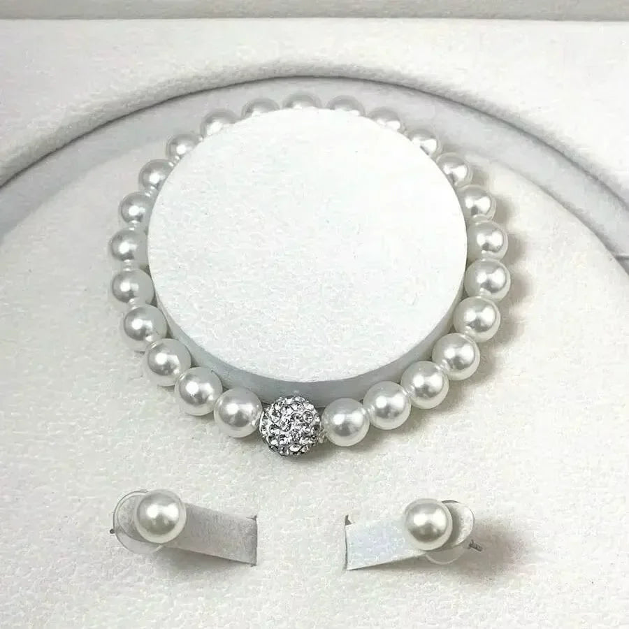 3 PCS Imitation Pearl Fireball Necklace Bracelet Earring Stud Jewelry Set Silver Color Crystal Stone Elegant Bridal Jewelry Gift Vera Lux