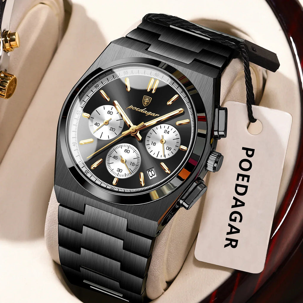 POEDAGAR Luxury Man Watch Chronograph Date Stainless Steel Sport Men Wristwatch Waterproof Luminous Fashion Quartz Men's Watches Vera Lux