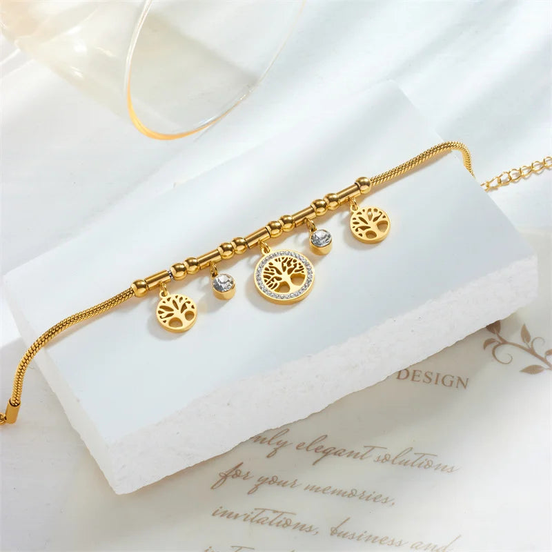 316L Stainless Steel Elegant Gold Color Tree - of - Life Charms Bracelet With Shiny Zircon Stone For Women's Daily Wear Vera Lux