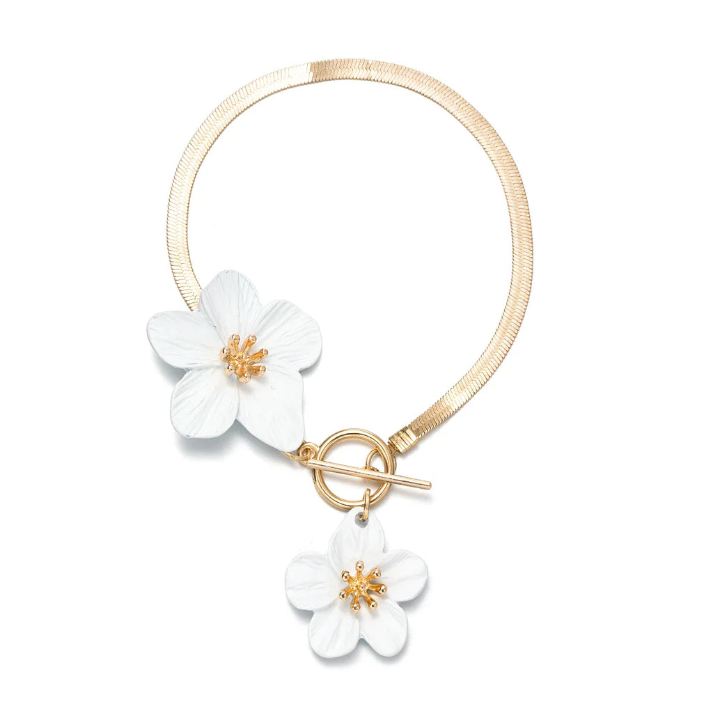 Elegant and simple colored multi petal flower alloy ankle chain, flat snake bone chain, adjustable OT buckle ankle chain Vera Lux