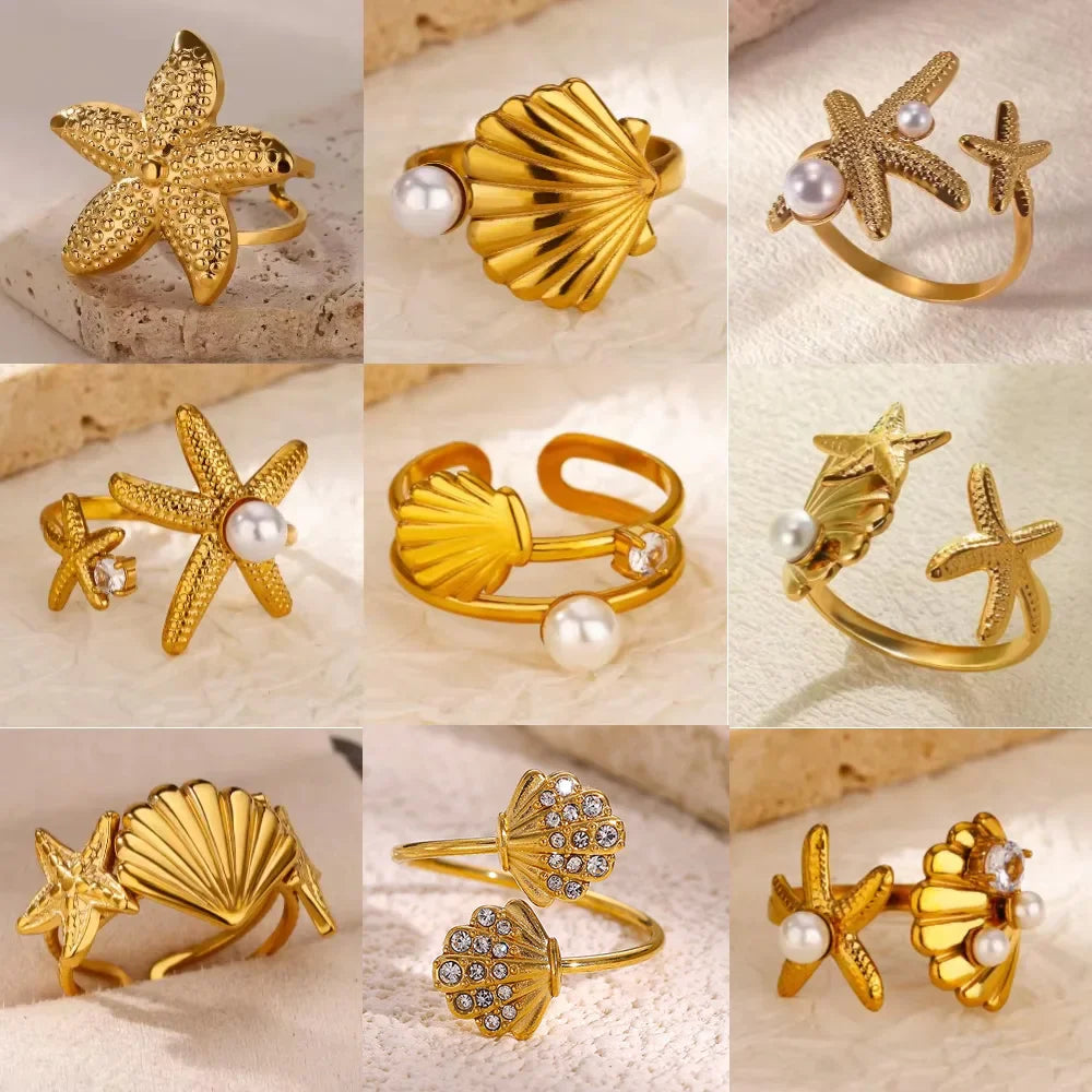 2025 Freshwater Anillos Stainless Steel Pearl Starfish Shell Rings For Women Punk Gold Color Vintage Waterproof Beach Jewelry Vera Lux