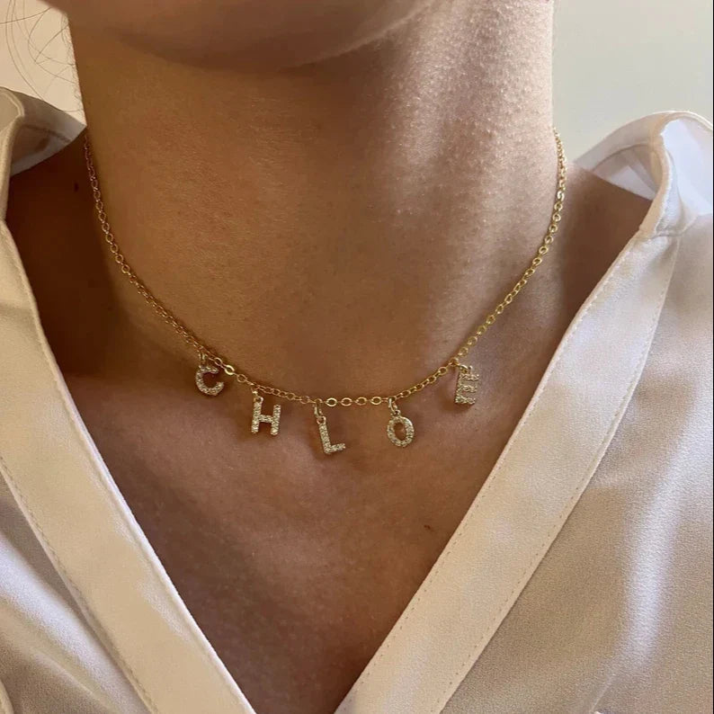 SUNIBI Customized  Name Necklace Personalized Zircon Letter Stainless Steel Choker Necklace Pendant Nameplate Gift Dropshipping Vera Lux
