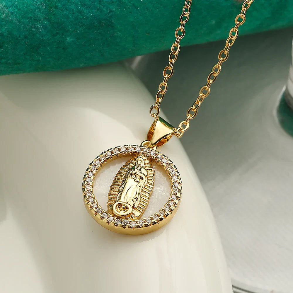 NEWBUY High Quality Women's Religious Jewelry Copper CZ Zircon Inlay Virgin Mary Pendant Stainless Steel Chain Necklace Vera Lux