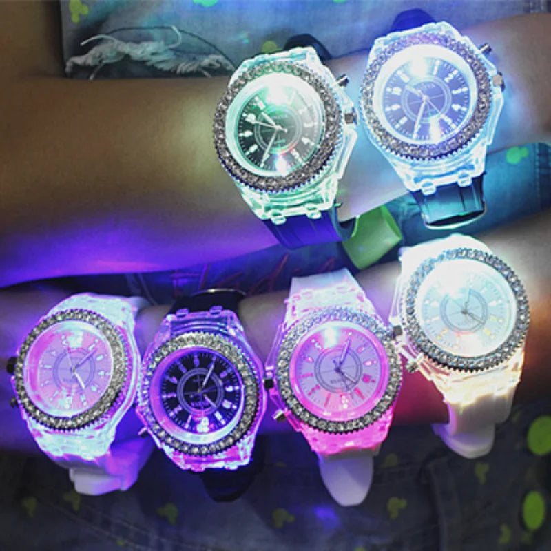 Luminous Quartz Watch for Women Personality Rhinestone Led Fashion Geneva Male and Female Students Couple Jelly Wrist Watches Vera Lux