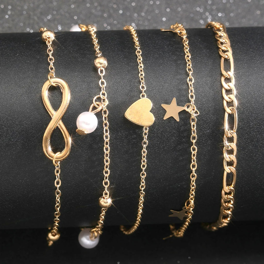 5Pcs Retro Multilayer Tassel Anklet Set for Women Bohemia Vintage Pearl Butterfly Star Heart Pendant Foot Bracelet Beach Jewelry Vera Lux