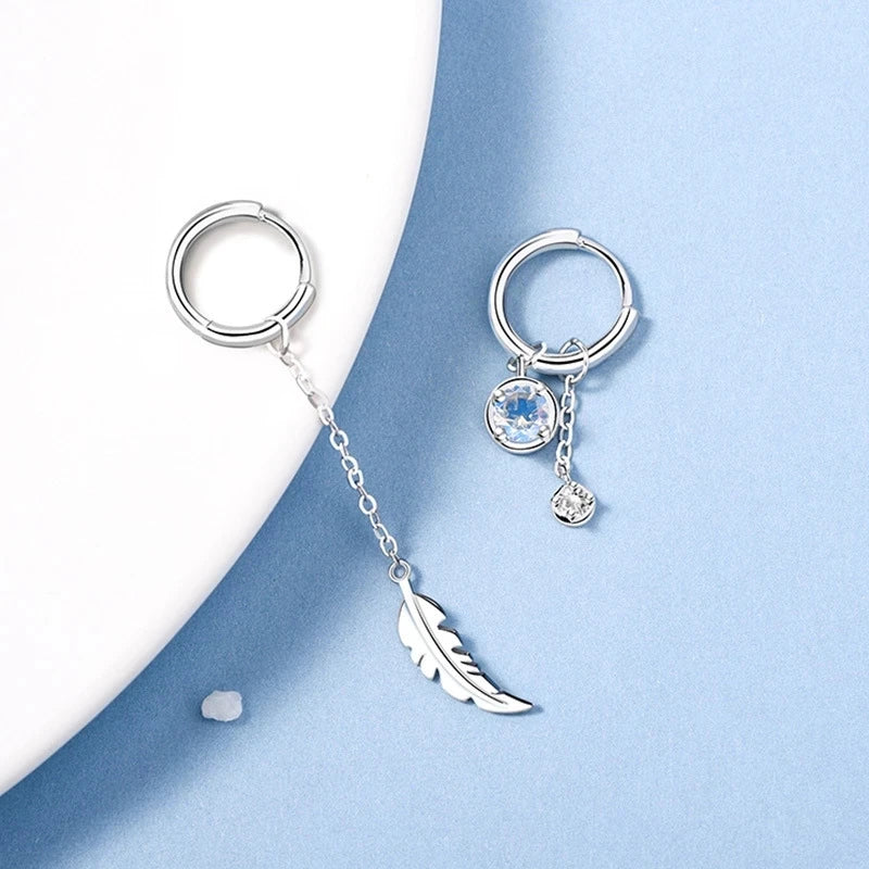 VENTFILLE 925 Sterling Silver Asymmetric Feather Earrings White Moonstone Pendant Earrings Ladies Gifts Handmade Jewelry Vera Lux