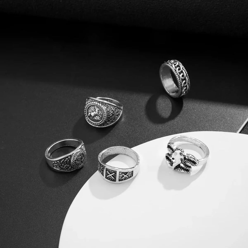 5Pcs/Set Goth Totem Horse Flame Antique Silver Color Rings for Men Unisex Punk Carved Knuckle Male Jewelry Accessories Steampunk Vera Lux