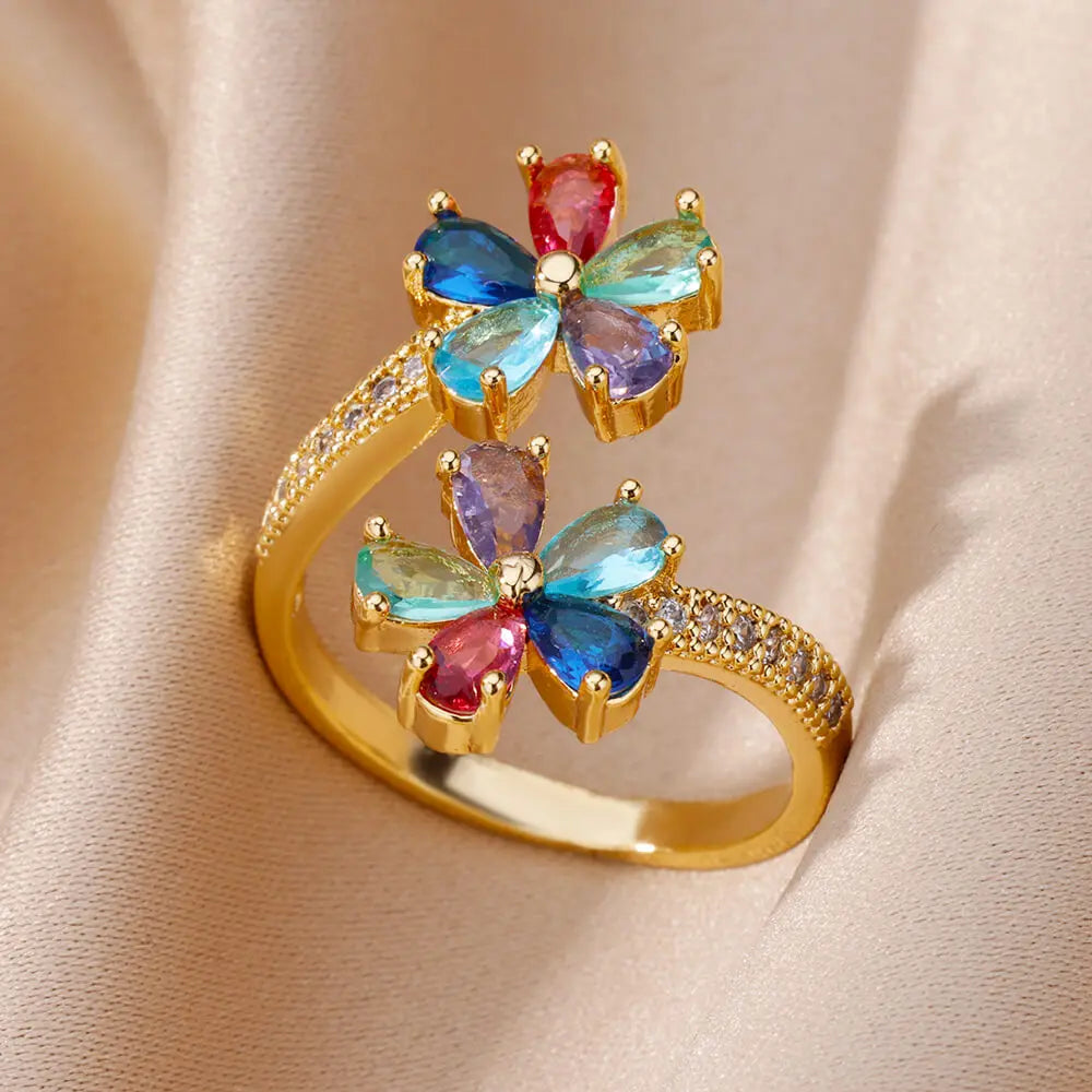 Colored Zircon Double Flower Rings For Women Gold Plated Stainless Steel Flower Opening Ring Wedding Aesthetic Jewelry Gift 2023 Vera Lux