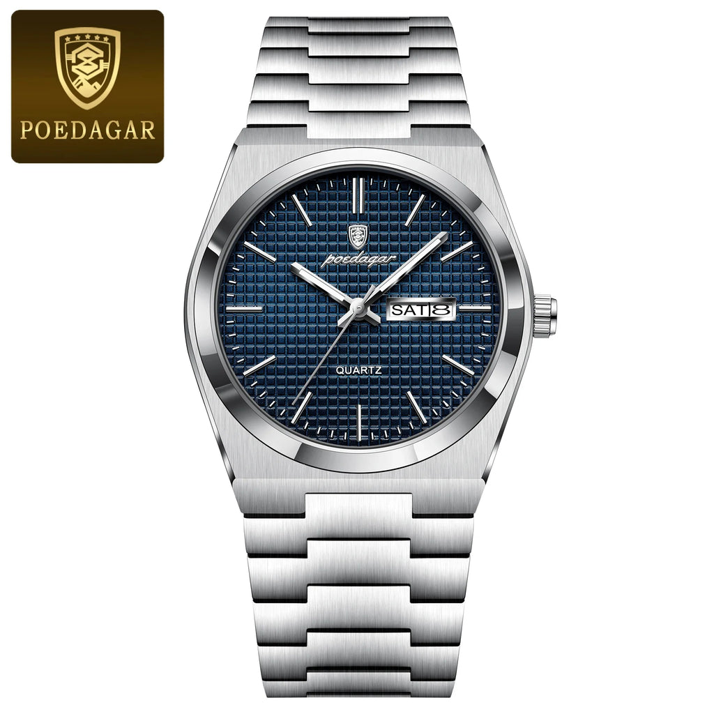 POEDAGAR Luxury Original Man Watch Waterproof Stainless Steel Luminous Men's Wristwatch Date Week Quartz Fashion Watches For Men Vera Lux