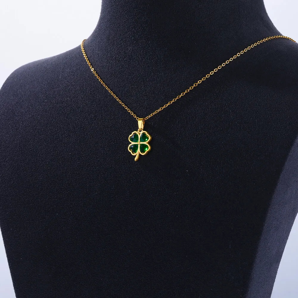 Four Leaf Clover Stainless Steel Necklaces For Women Green Zircon Gold Color Quality Jewelry Pendant Necklace Gift Free Shipping Vera Lux