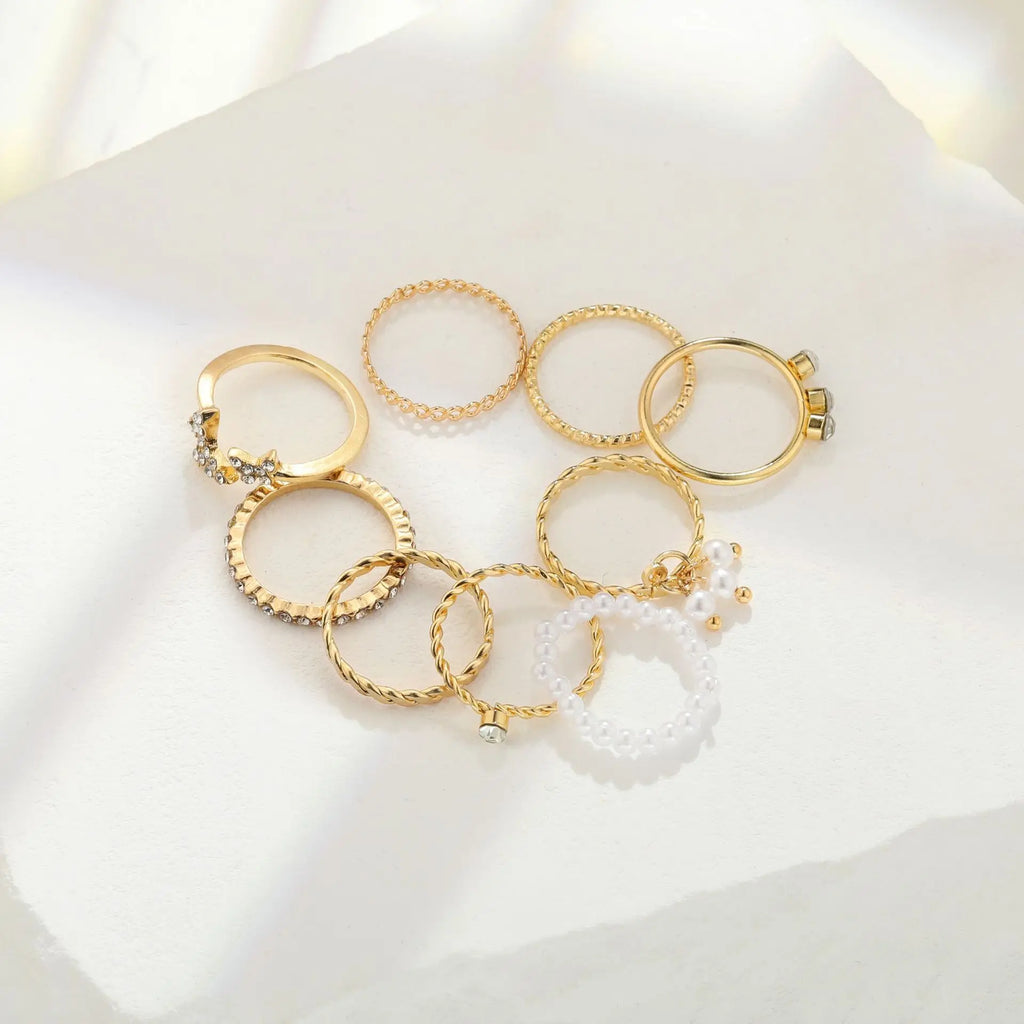 Bohemian Butterfly Pearl Rings Set for Women Shine Pearl Gothic Vintage Plated Retro Rhinestone Simple Finger Jewelry Gift Vera Lux