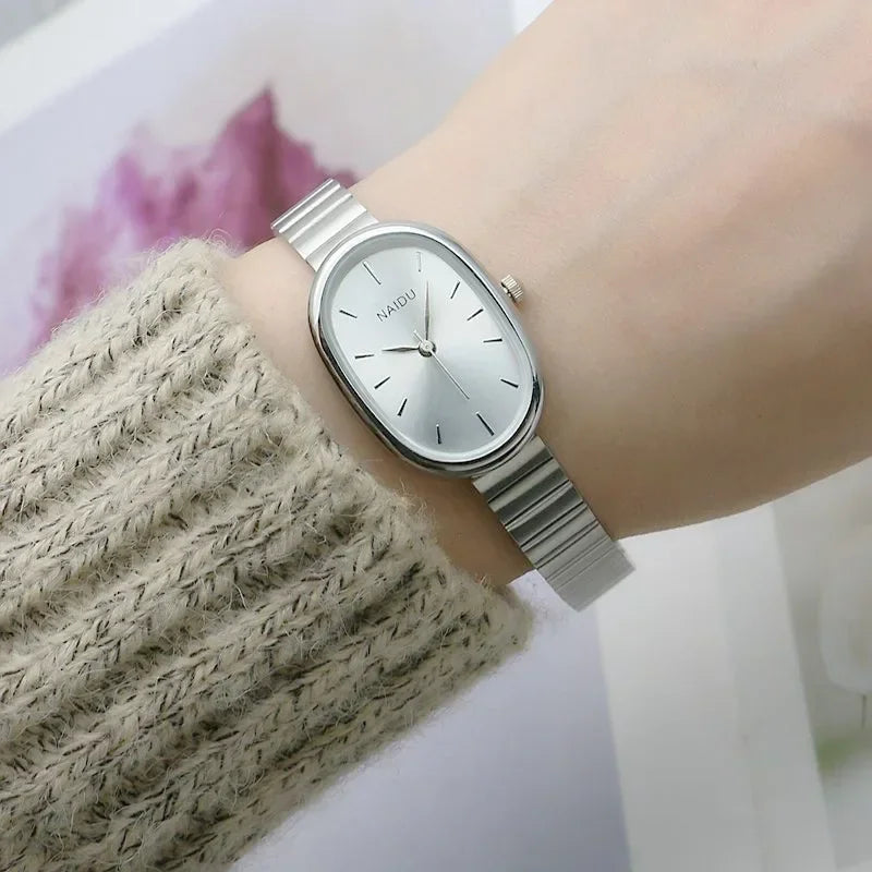 Oval Small Dial Women Quartz Watch Stainless Steel Bamboo Strap Girl Student Leisure Fashion Luxury Gift Wristwatch Dropshipping Vera Lux