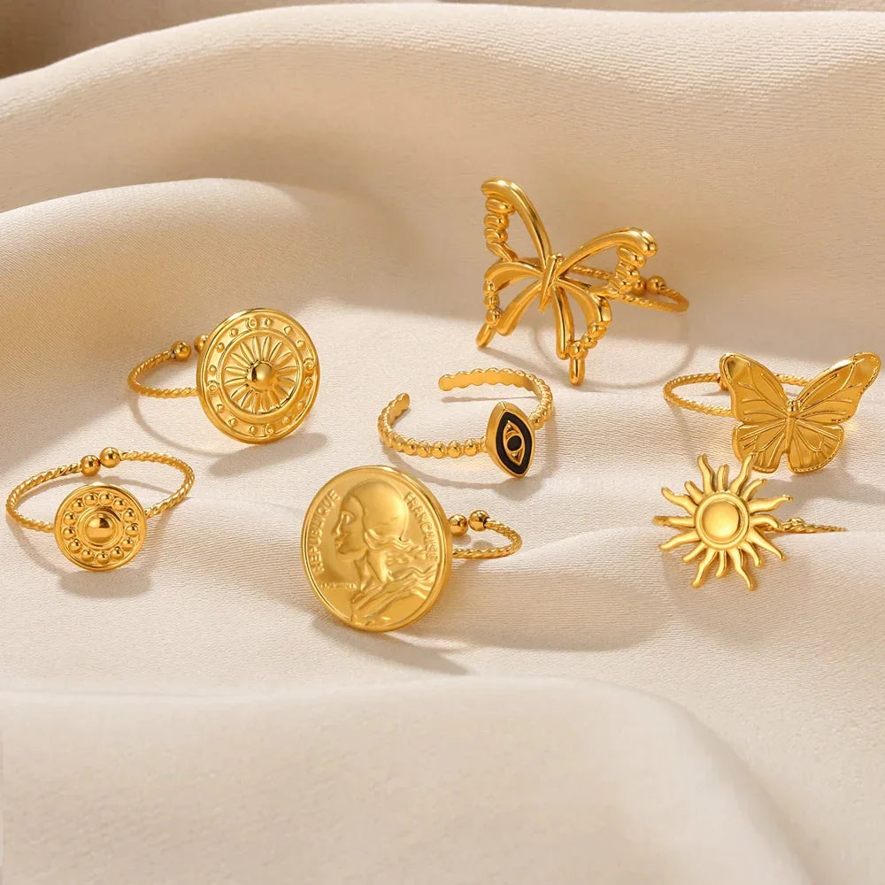 Stainless Steel Sun Rings For Women Gold Color Sun Butterfly Finger Adjustable Ring Aesthetic Fashion Wedding Jewelry Gift Vera Lux