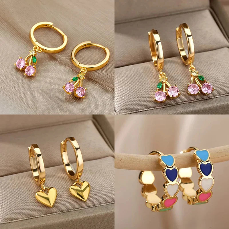 Crystal Fruit Cherry Drop Earrings For Women Stainless Steel Pink Cherry Earring Femme Fairy Fashion Boho Jewerly Gift 2023 Vera Lux