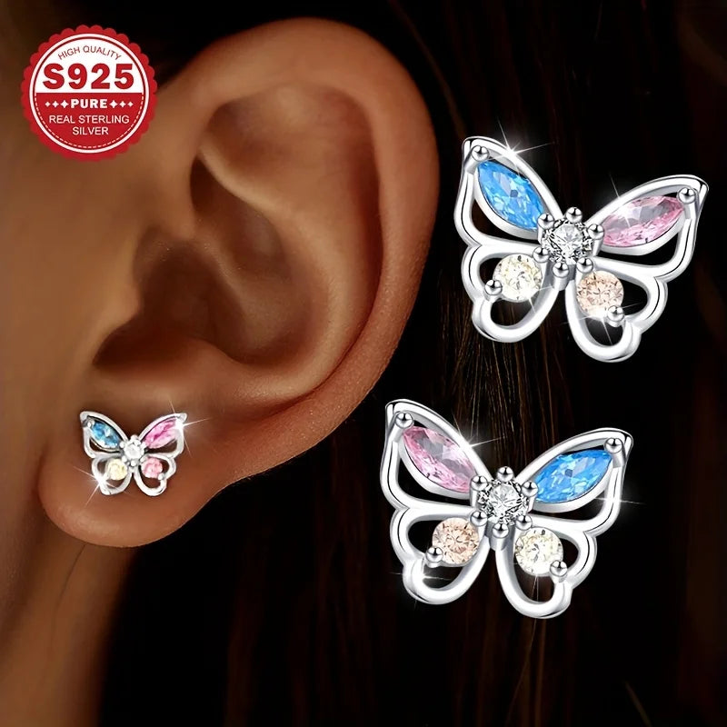 1 pair of high-end luxury earrings, pure silver colored zirconium butterfly earrings, dancing earrings, suitable for daily and m Vera Lux