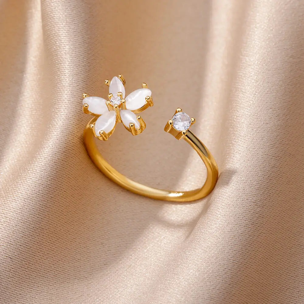 Opal Flower Rings For Women Cubic Zirconia Openning Stainless Steel Flower Ring Wedding Floral Aesthetic Jewelry anillos mujer Vera Lux