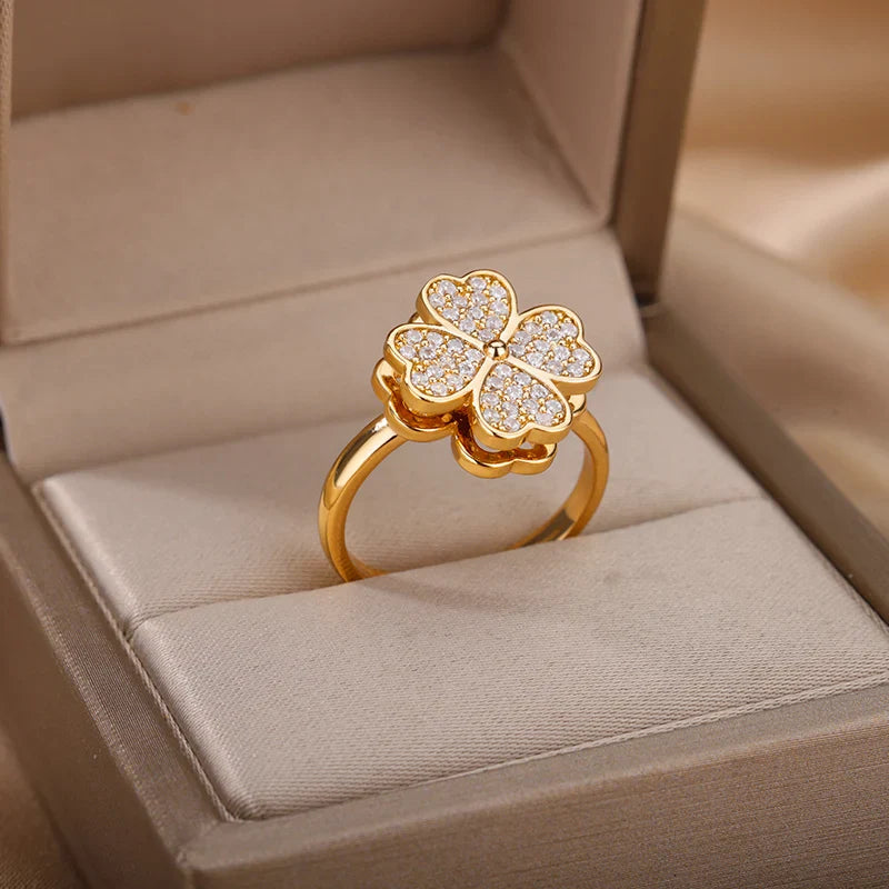 Zircon Rotatable Four Leaf Clover Anxiety Rings For Women Stainless Steel Anti-Stress Fidget Spinner Ring Aesthetic Jewelry Gift Vera Lux