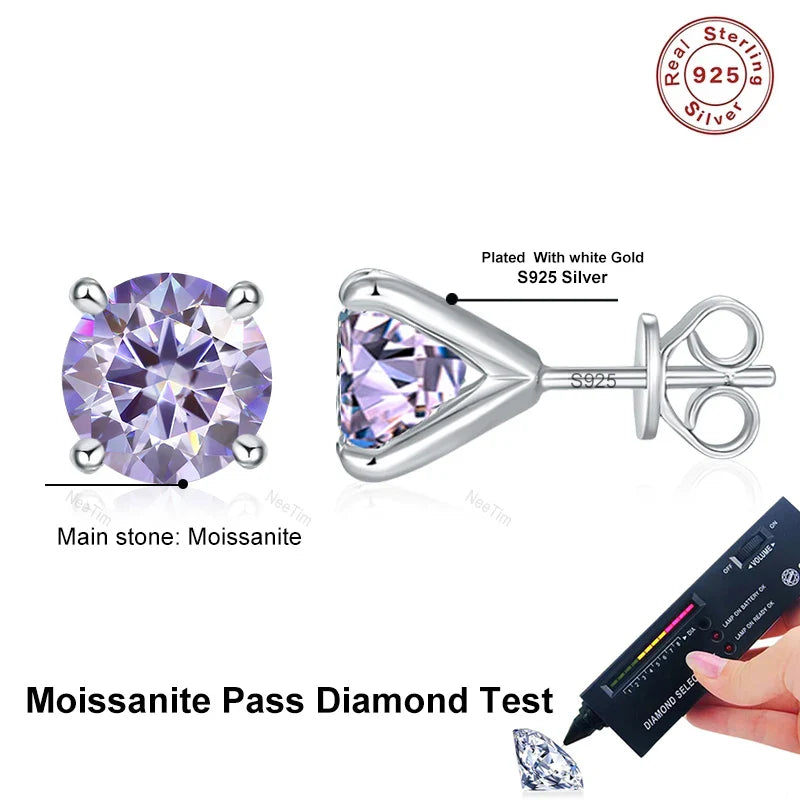 NeeTim 0.5ct 1ct 2ct Moissanite Stud Earrings for Women 925 Sterling Silver Pink Black Blue Grey Sparkling Lab Diamond Earring Vera Lux