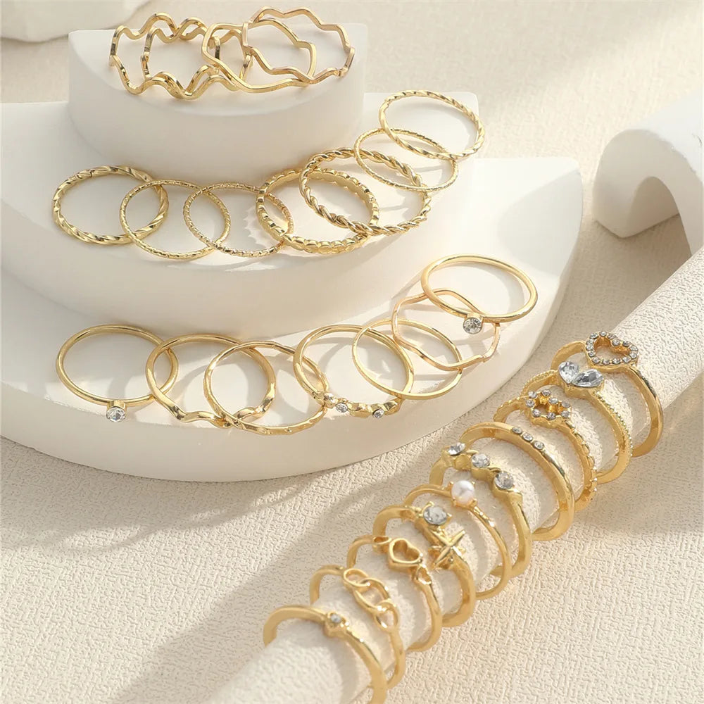 Fashion Simple Wave Joint Rings Set For Women Crystal Heart Shape Gold Silver Color Ring Female Party Jewelry Vera Lux