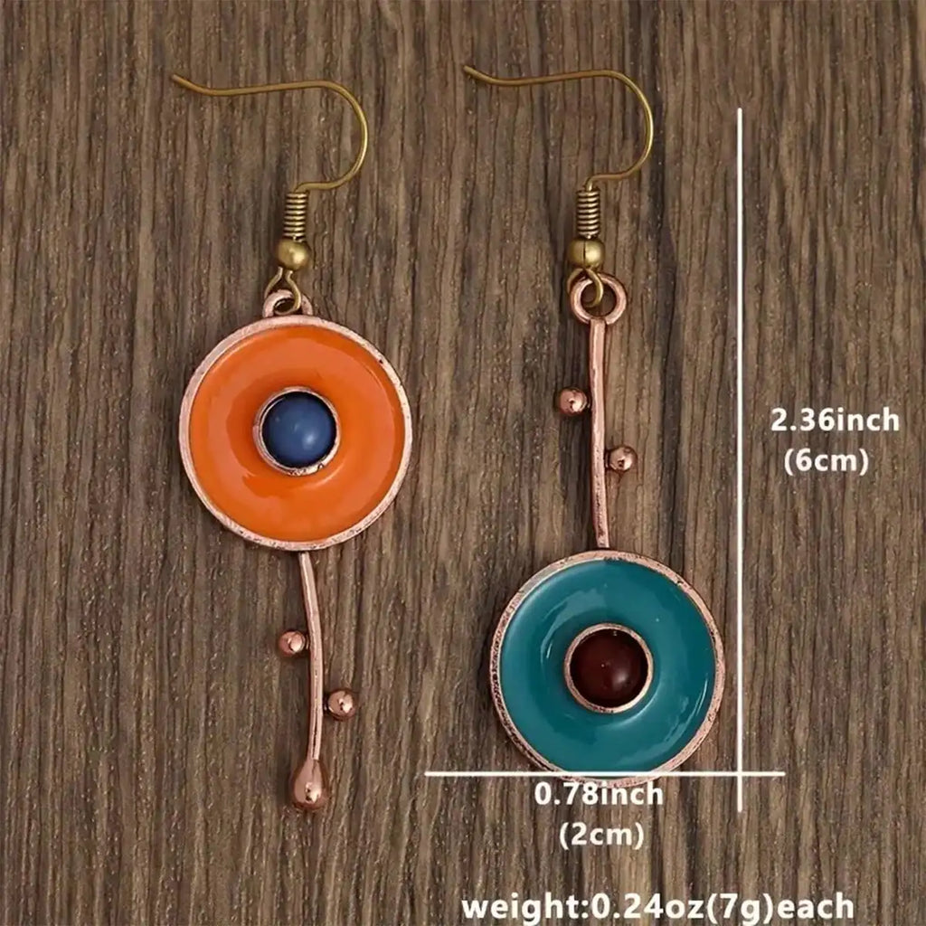 Bronze Metal Painting Pendant Earrings for Women's Ethnic Orange Blue Stone Personalized Earrings Jewelry Accessories Vera Lux