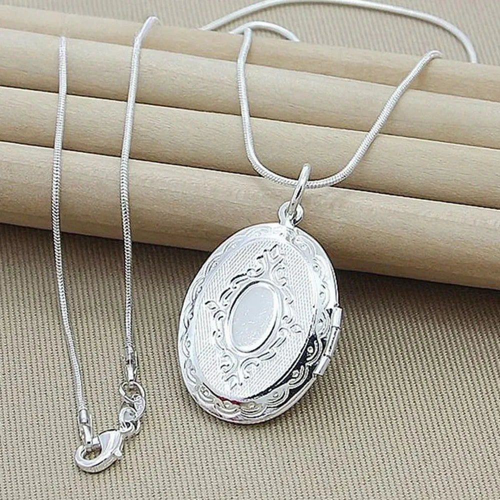 925 Sterling Silver Oval Round Photo Frame Pendant Necklace 18/20-28/30 Inch Snake Chain For Woman Man Wedding Jewelry Vera Lux