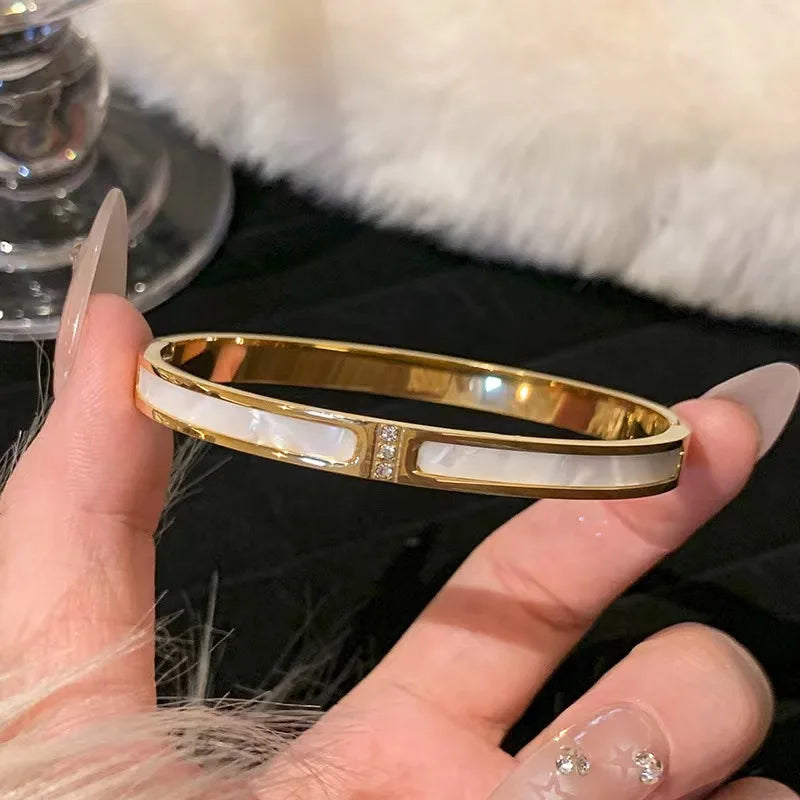 Elegant Gold Color Bangle With Sparkling Rhinestone Glamorous Stainless Steel Bracelet Women's Formal Dinners Jewelry Vera Lux