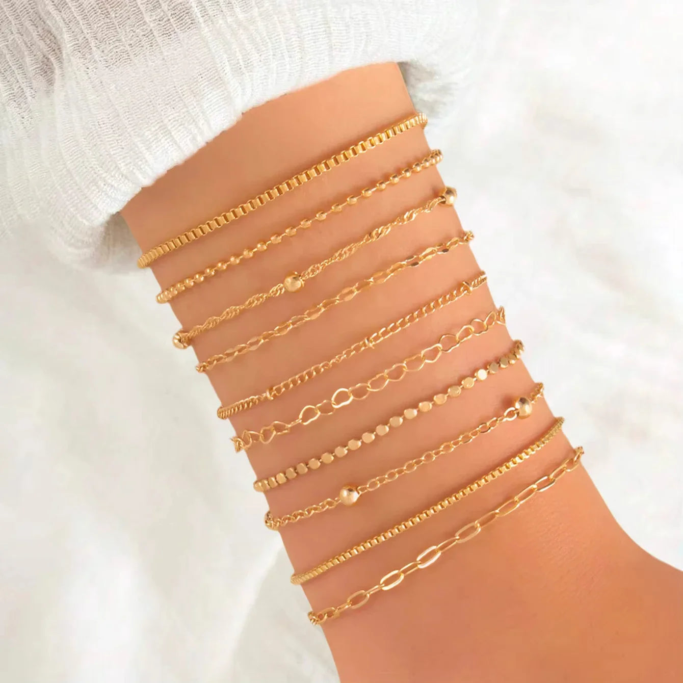 10 Pcs Vintage Statement Gold Color Flat Snake Chain Box Chain Bracelet Boho Multi-layer Metal Bracelet Women's Summer Jewelry Vera Lux