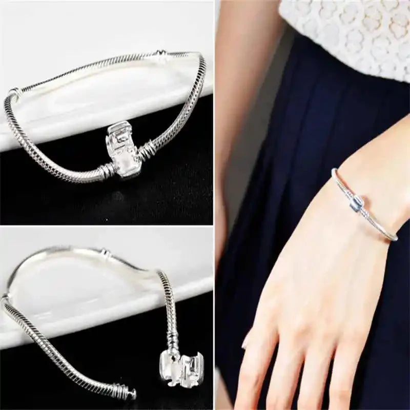 Famous Brand Original Certified 925 Sterling Silver Bracelet for Women DIY Charms Beads Snake Link Chain Classic Wrist Jewelry Vera Lux