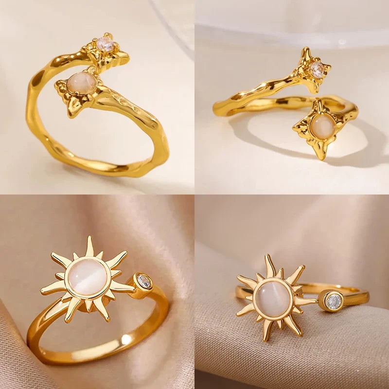 Zircon Flower Rings For Women Gold Color Double Flower Adjustable Stainless Steel Ring Wedding Party Christmas Jewelry Gift Vera Lux