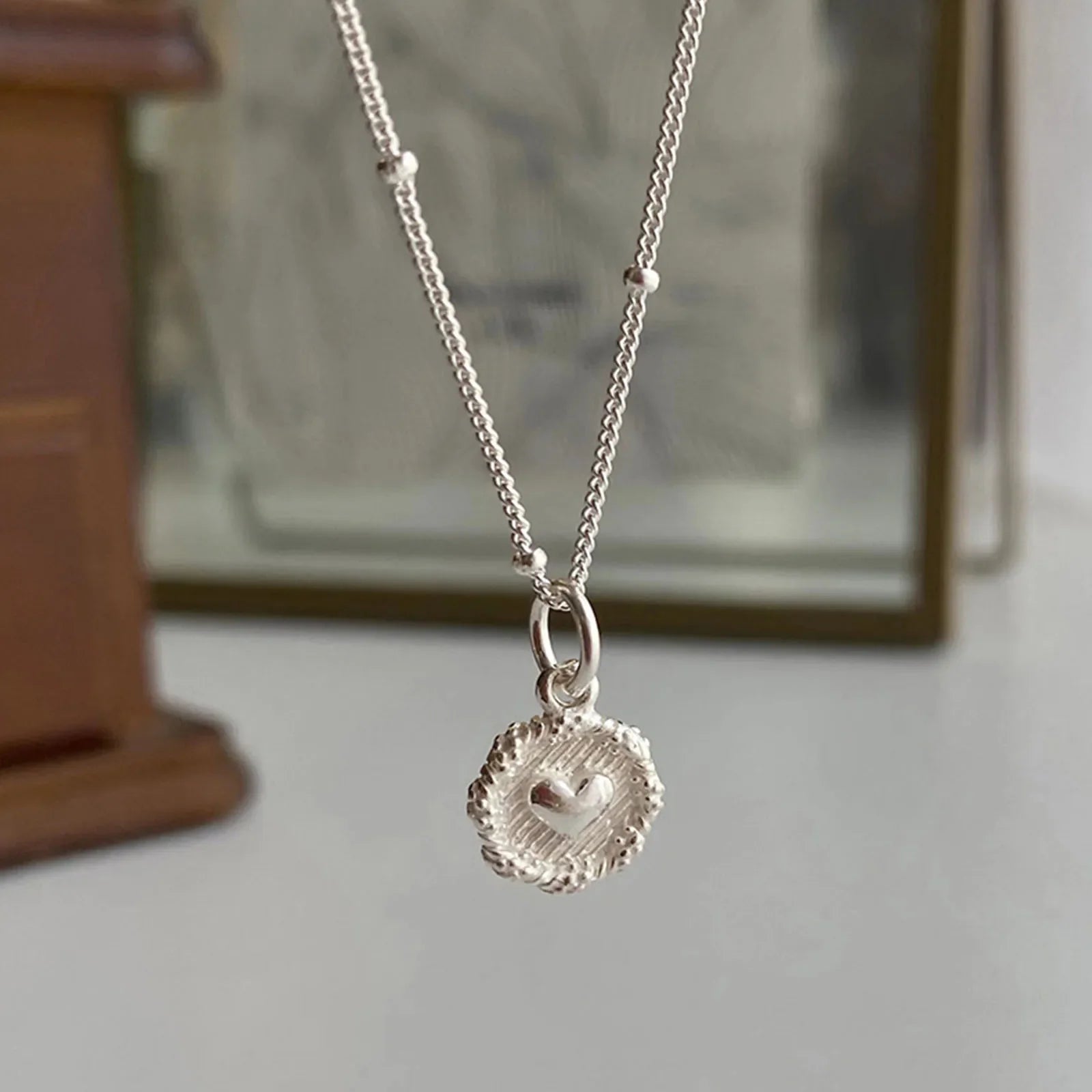 925 Sterling Love Heart Texture Bead Necklace for Women Girl Stereoscopic Design Double Sided Jewelry Gift Wholesale Vera Lux