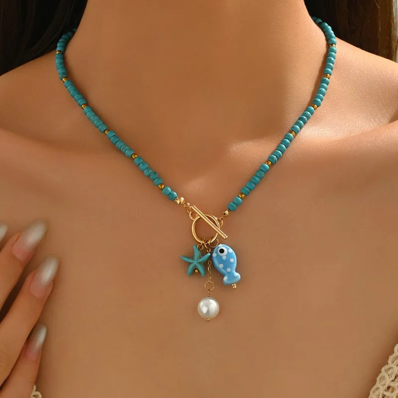 Bohemian Sea-Inspired Ceramic Fish & Starfish Pendant Necklace with 4mm Synthetic Turquoise Beads, Lightweight Beach Jewelry Vera Lux