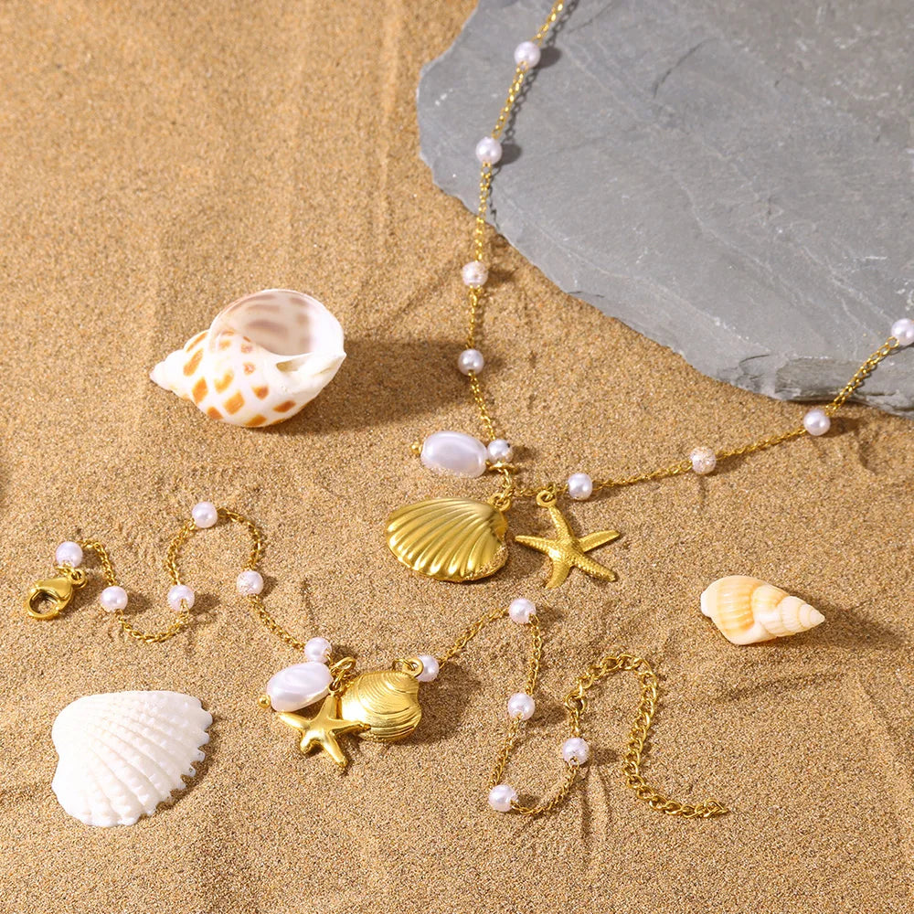 Freshwater Pearl Jewelry Set Shell Starfish Star Necklace Anklet Sets For Women Fashion Stainless Steel Chain Party Daily Gifts Vera Lux