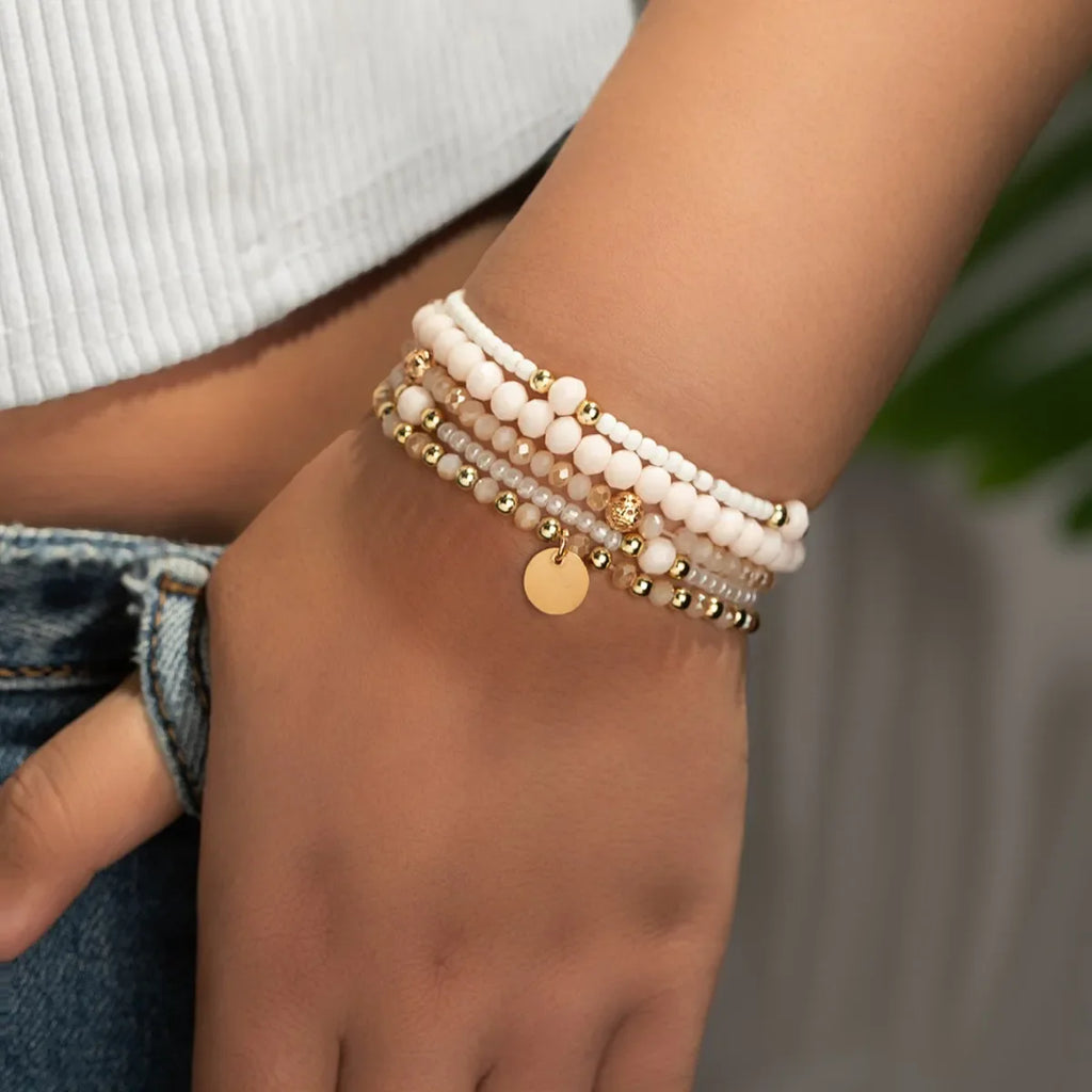 5Pcs Fashion Resin Beaded Bracelet Set For Women Round Piece Charm Elastic Bead Chain Bangle Wrist Strap Female Vacation Jewelry Vera Lux