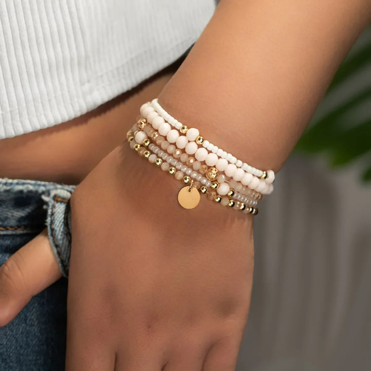 5Pcs Fashion Resin Beaded Bracelet Set For Women Round Piece Charm Elastic Bead Chain Bangle Wrist Strap Female Vacation Jewelry Vera Lux