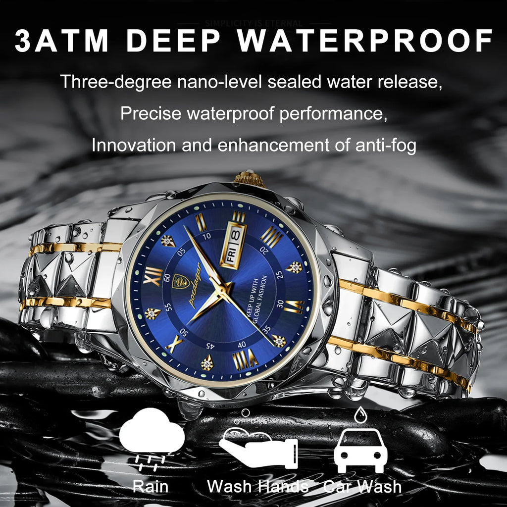 POEDAGAR Business Luxury Men's Watches Waterproof Stainless Steel Luminous Man Wristwatch Date Week Sport Men Quartz Watch Reloj Vera Lux