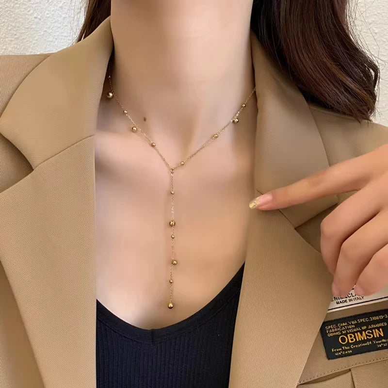 316L Stainless Steel Gold Color Beads Long Pendant Necklace For Women Fashion Choker Clavicle Chain Jewelry Gift Wedding Vera Lux