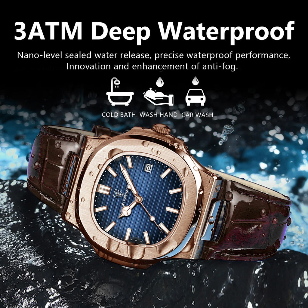 POEDAGAR Fashion Square Men's Watch Waterproof Luminous Date Business Man Wristwatch Casual Leather Quartz Watches For Men Reloj Vera Lux