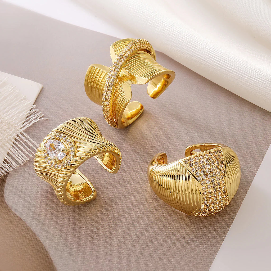 NEWBUY Luxury AAA Cubic Zirconia Inlay Copper Wedding Jewelry Gold Color Statement Geometric Shape Open Design Rings For Women Vera Lux