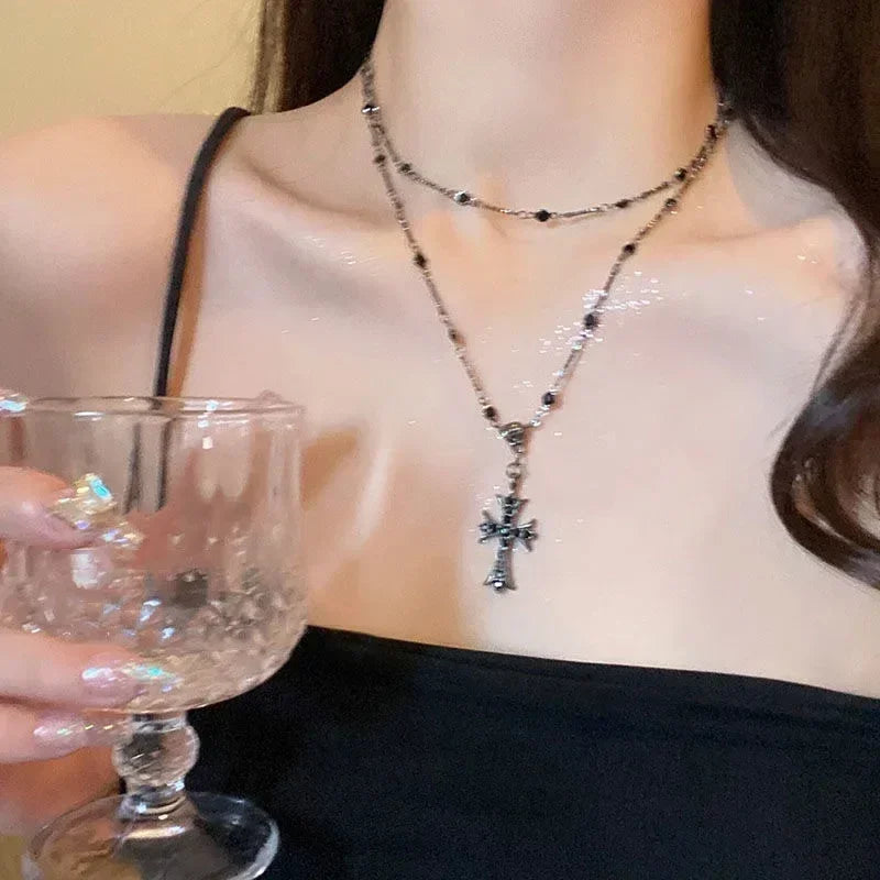 Summer Black Rhinestone Cross Jesus Pendant Choker Necklace for Women Punk Vintage Double Layers Chain 2024 Neck Boho Jewelry Femstylo