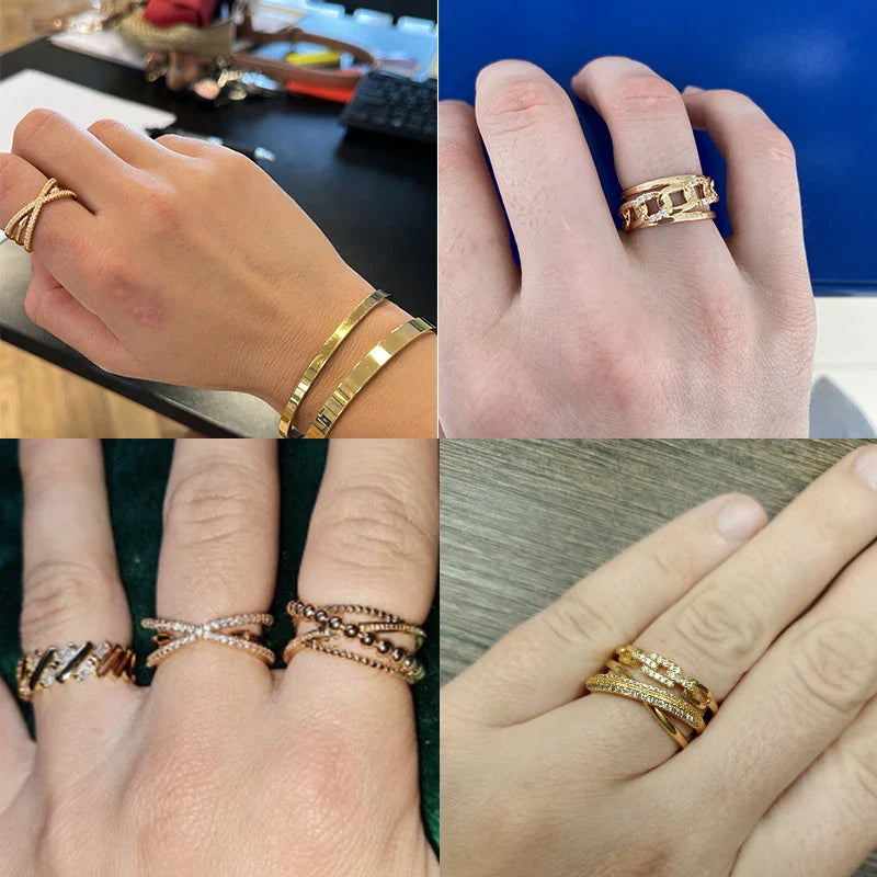 Fashion Gold Color Stainless Steel Rings For Women Chain Hollow Out Crystal Zircon Finger Ring Jewelry 2023 Gift anillos mujer Vera Lux