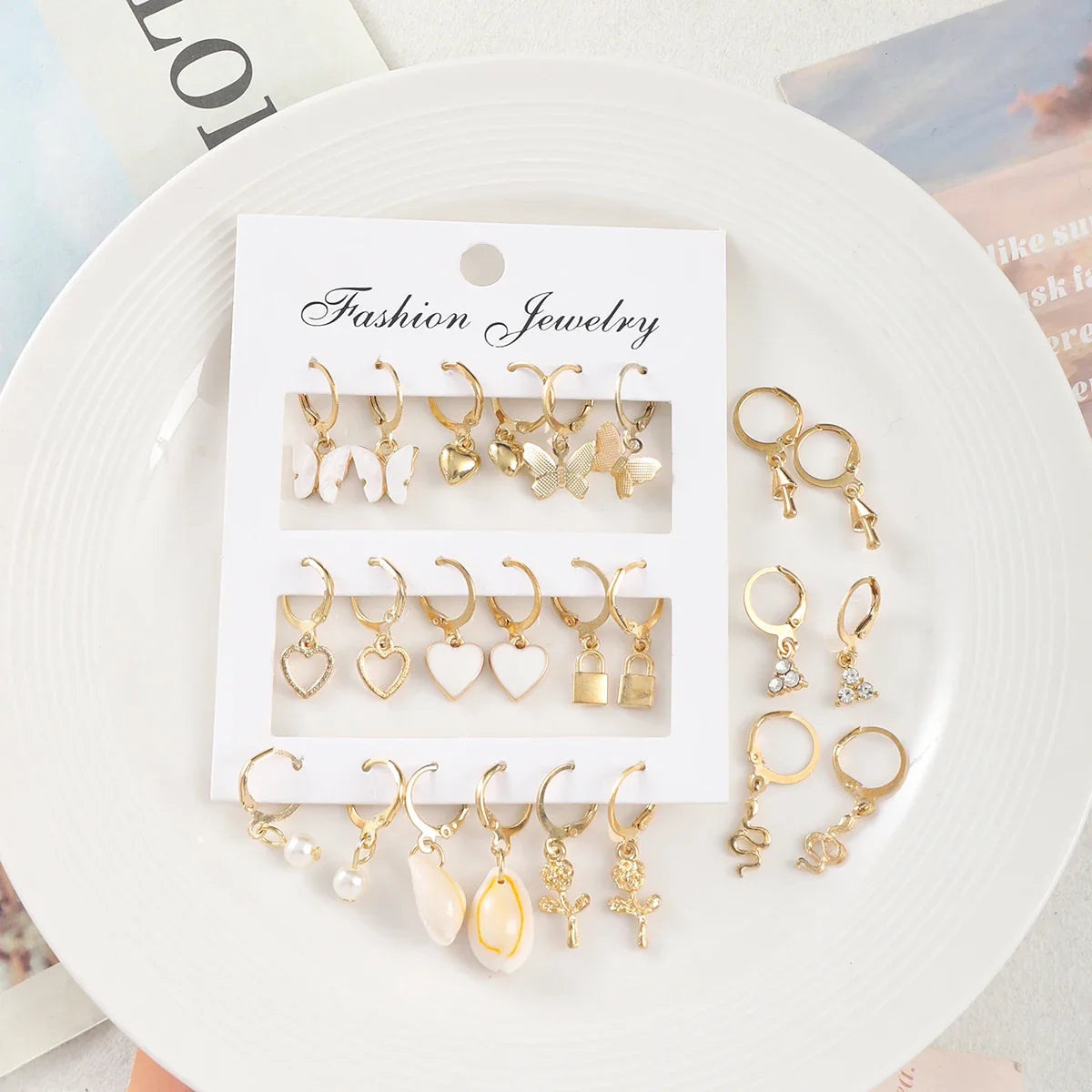 9 Pairs/ Set Exquisite Butterfly Heart Dragonfly Design Dangle Earrings Simple Vacation Style Delicate Holiday Earrings Vera Lux