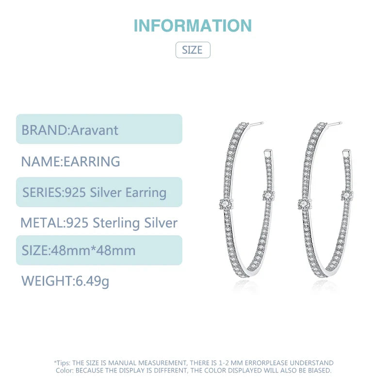 Aravant 925 Silver 48mm Zircon Hoop Earrings For Women Girls Fashion Jewelry Vera Lux