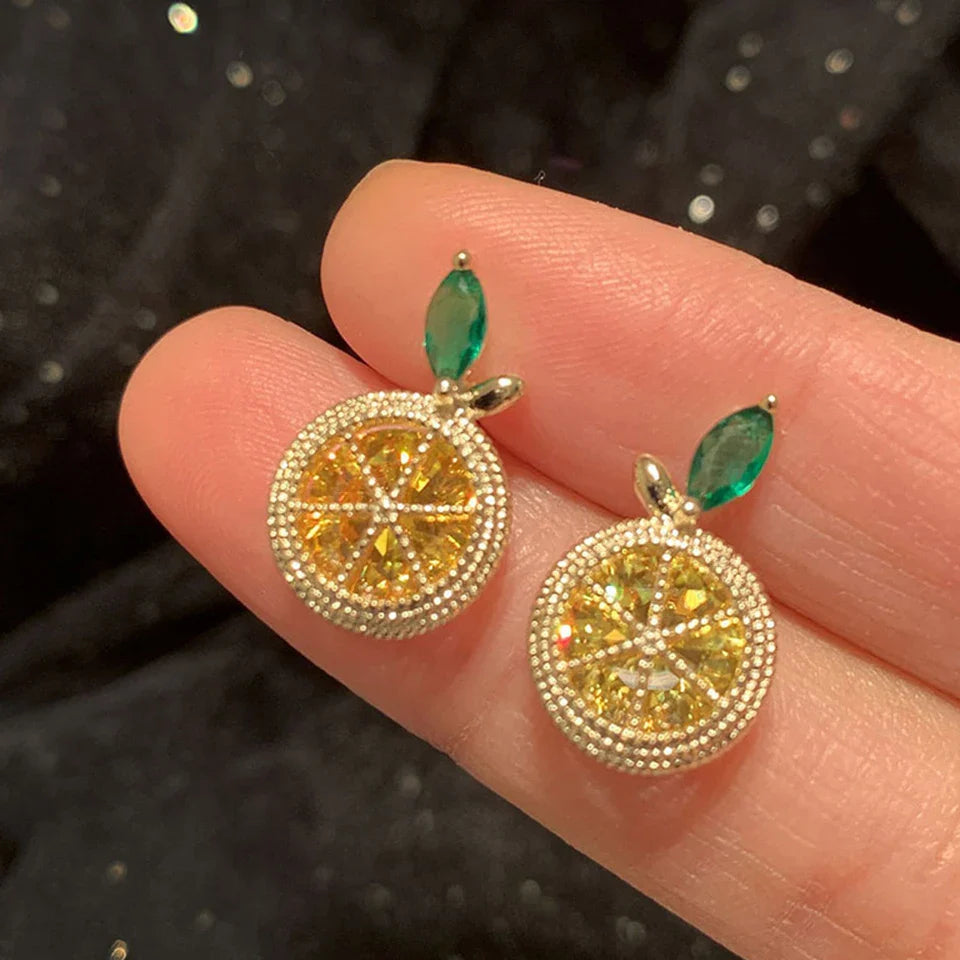 Yupsk Korean Cute Orange Lemon Fruit Stud Earrings for Women Girls Delicate Yellow Cubic Zirconia Fashion Daily Ear Accessories Vera Lux