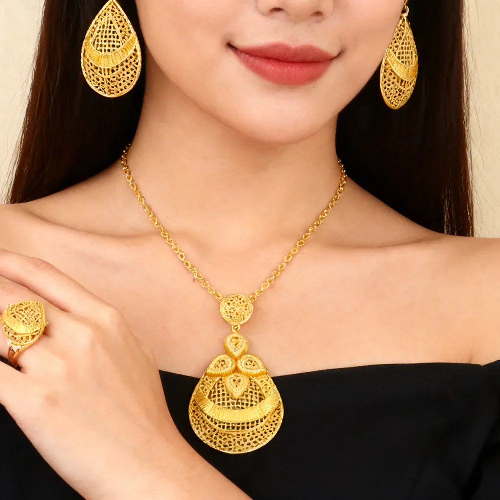 24k gold color party necklace earrings rings set luxury gold jewelry sets for woman wedding party Accessories Vera Lux