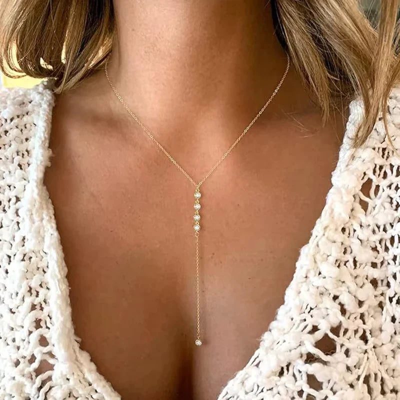 Y2K Simple Zircon Long Tassel Chain Necklaces for Women Metal Geometric Bead Choker Necklace Women's Jewelry Vera Lux