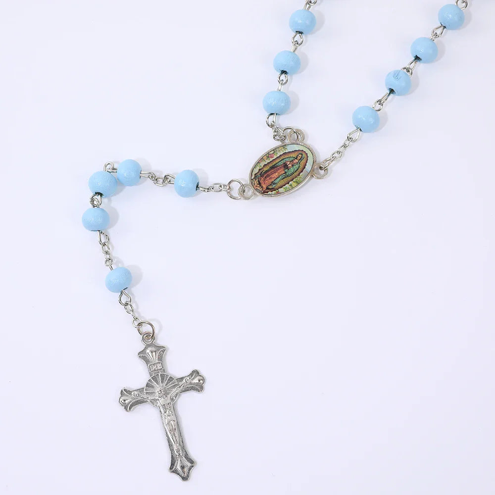 Blue Rosary Necklace For Women Men 6MM Wooden Prayer Beads Long Chain Religious Virgin Mary Cross Pendant Men Party Jewelry Gift Vera Lux