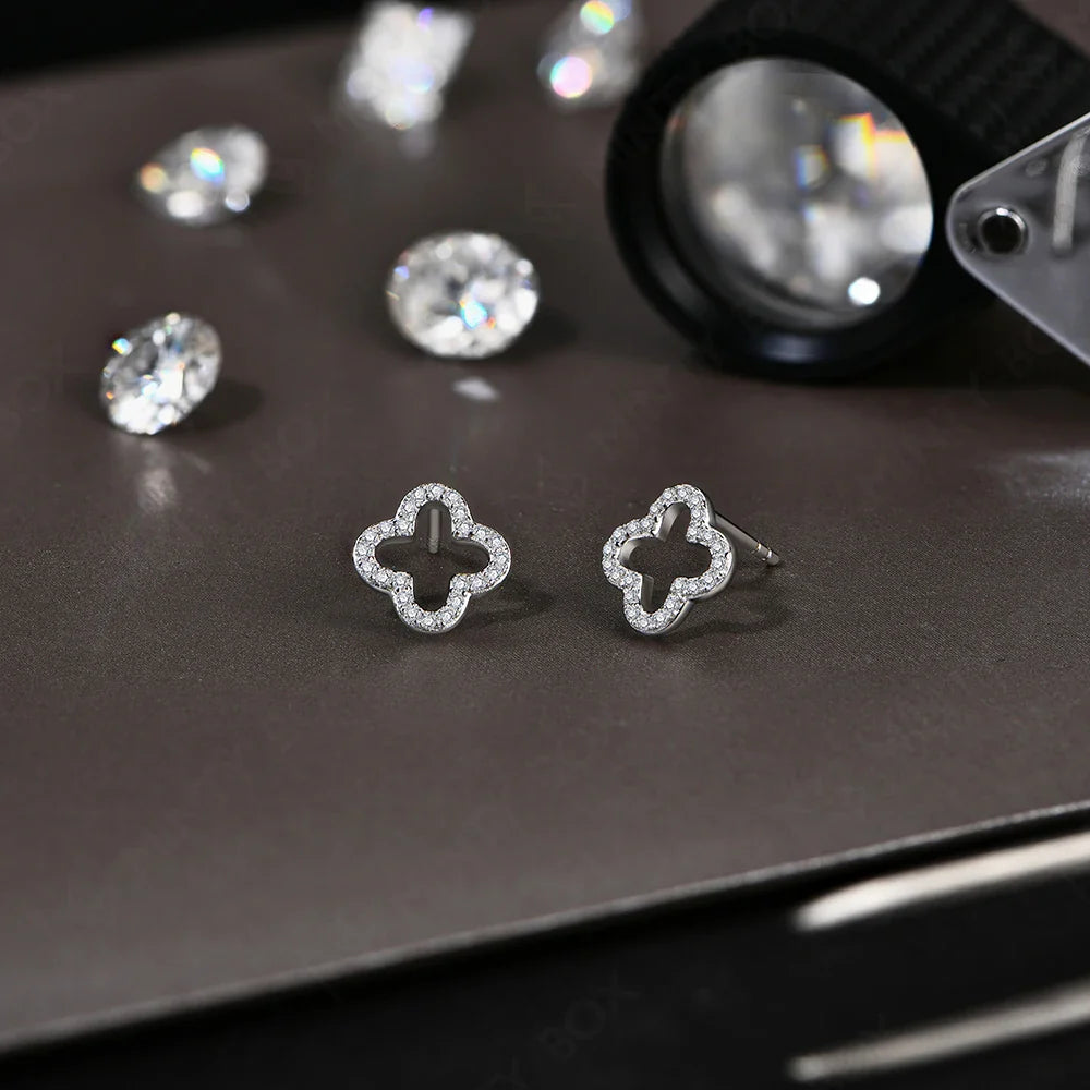 MINTYBOX S925 Sterling Silver Moissanite Diamond Stud Earrings for Women Clover 18k White Gold Plated Flower Wedding Fine Jewelr Vera Lux