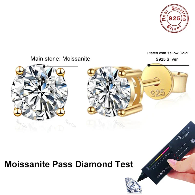 NeeTim 0.2-2ct Moissanite Earrings For Women 925 Sterling Silver Ear Studs with Yellow Gold Plated Lab Diamond Wedding Jewelry Vera Lux